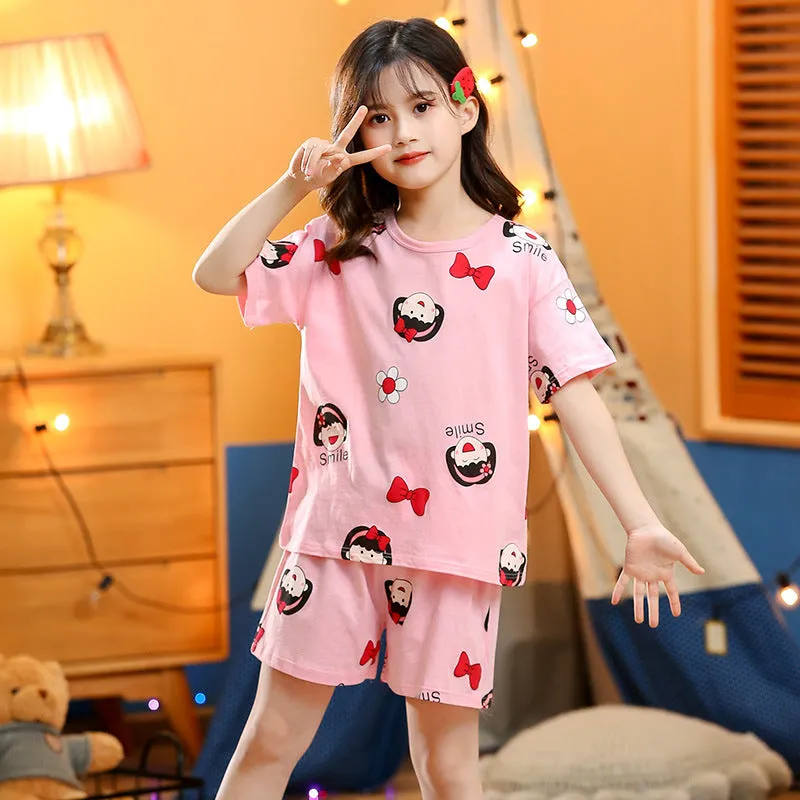 Children's summer short-sleeved cotton homewear suit in Pink Big Strawberry pattern, top and pants set