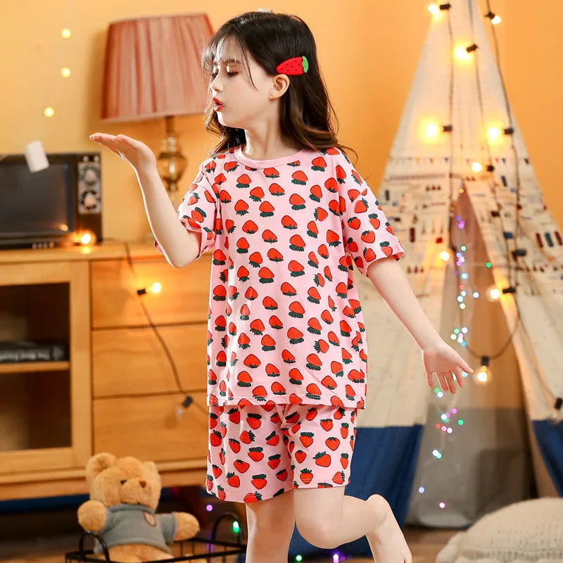 Children's summer short-sleeved cotton homewear suit in Pink Big Strawberry pattern, top and pants set