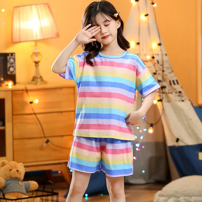 Children's summer short-sleeved cotton homewear suit in Pink Big Strawberry pattern, top and pants set