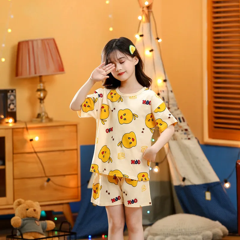 Children's summer short-sleeved cotton homewear suit in Pink Big Strawberry pattern, top and pants set