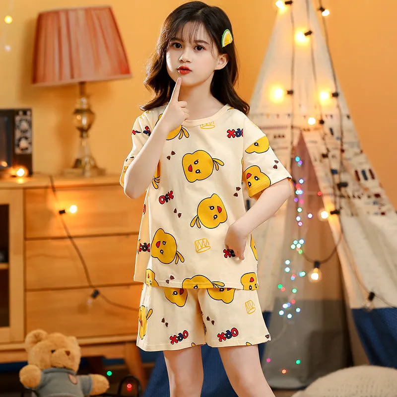 Children's summer short-sleeved cotton homewear suit in Pink Big Strawberry pattern, top and pants set