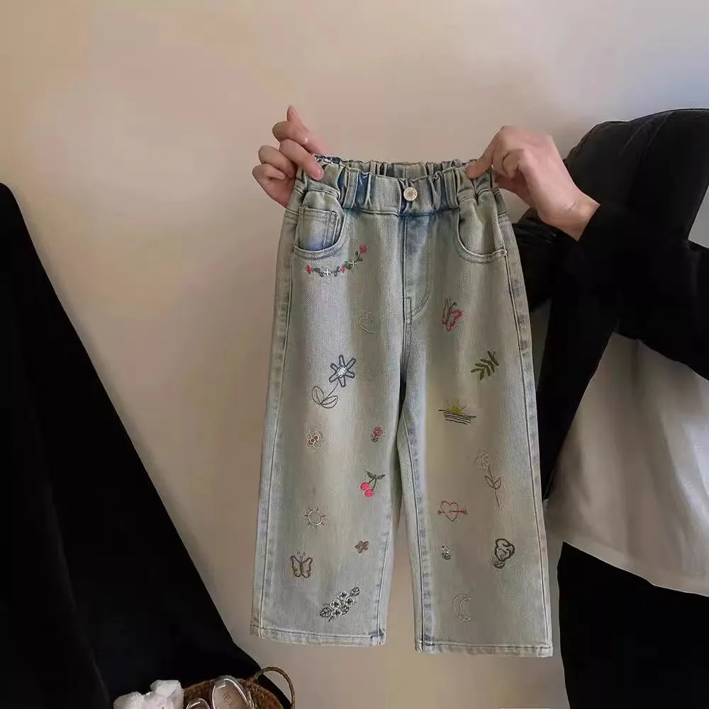 Girls fashion personalised embroidered straight jeans in cotton with cartoon pattern, picture colour, suitable for height 90cm to 140cm