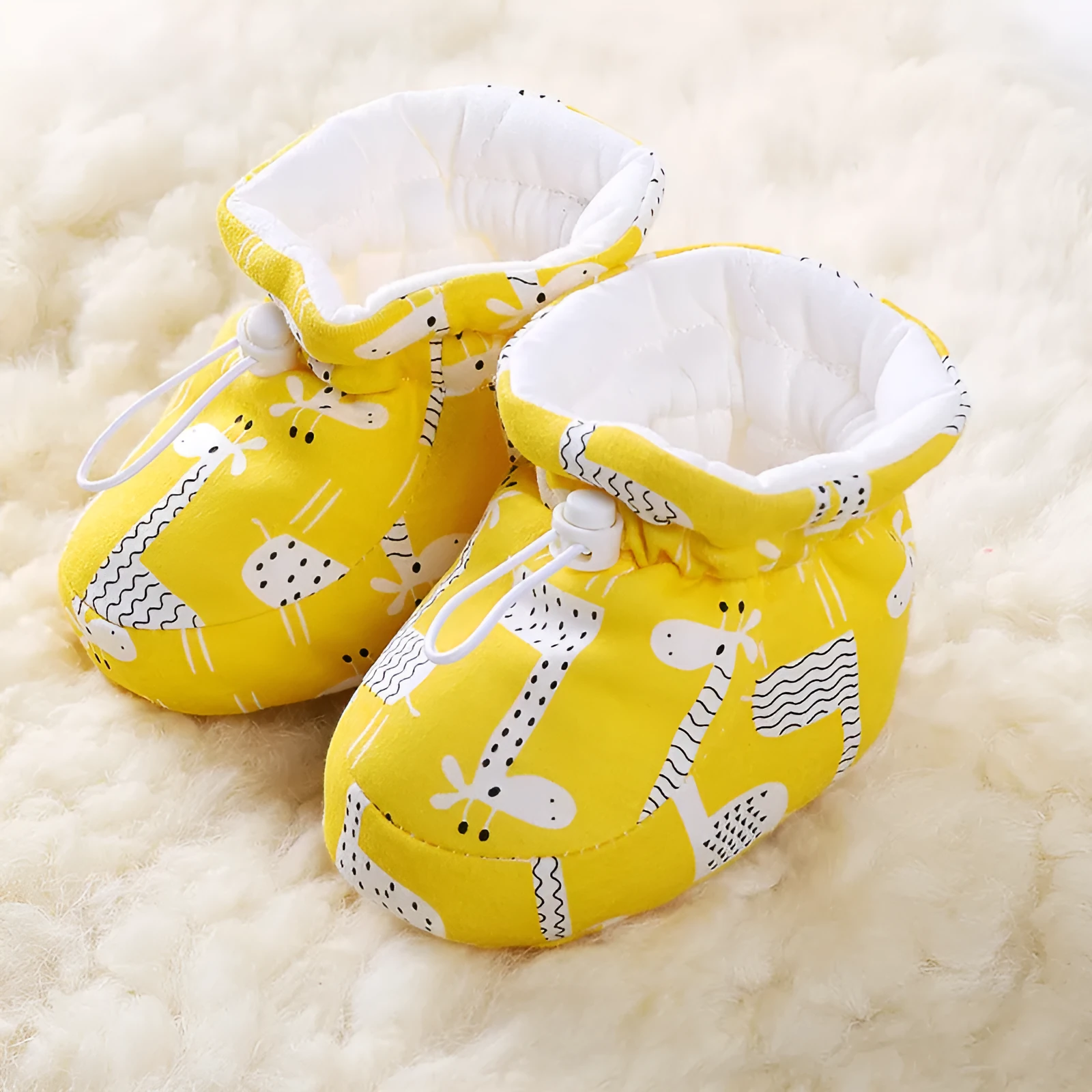 Soft cotton baby foot protector with cartoon pattern in yellow deer design, inner length 11.5cm