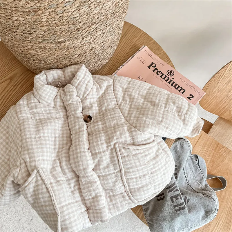 Fleece-lined plaid cotton-padded coat for children, beige, suitable height 100cm, cardigan style