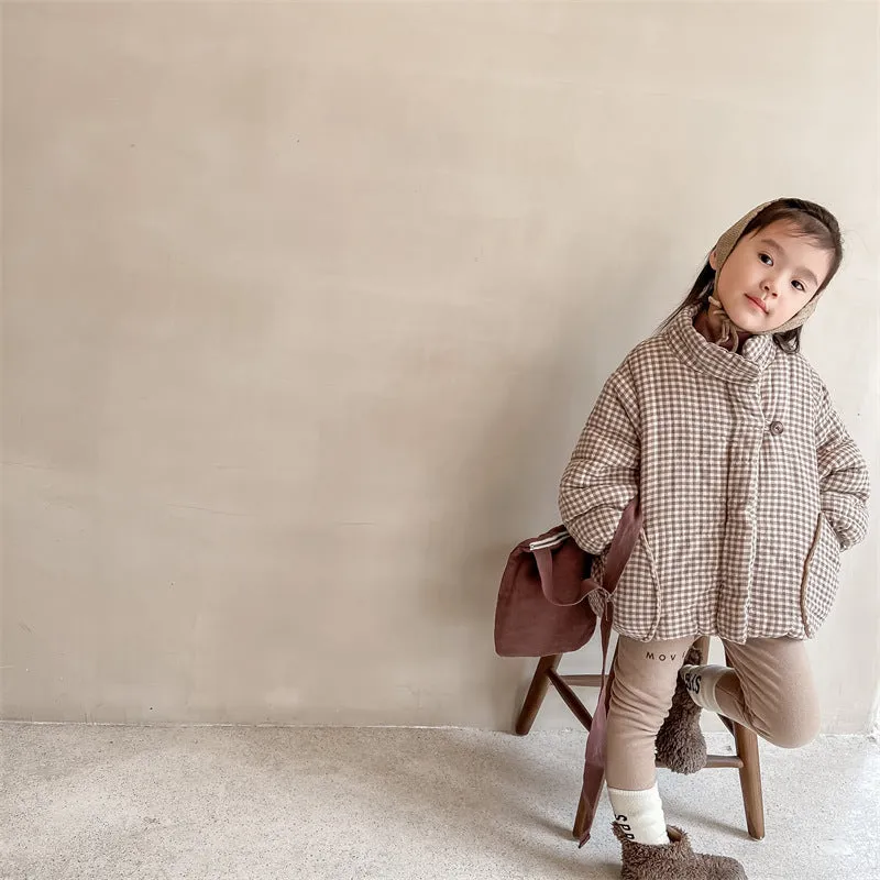 Fleece-lined plaid cotton-padded coat for children, beige, suitable height 100cm, cardigan style