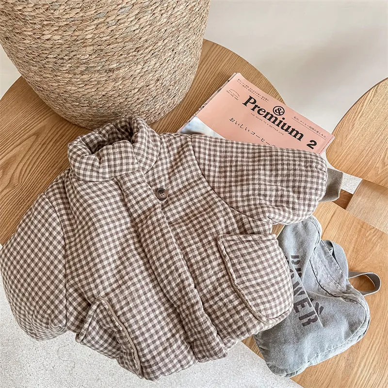 Fleece-lined plaid cotton-padded coat for children, beige, suitable height 100cm, cardigan style