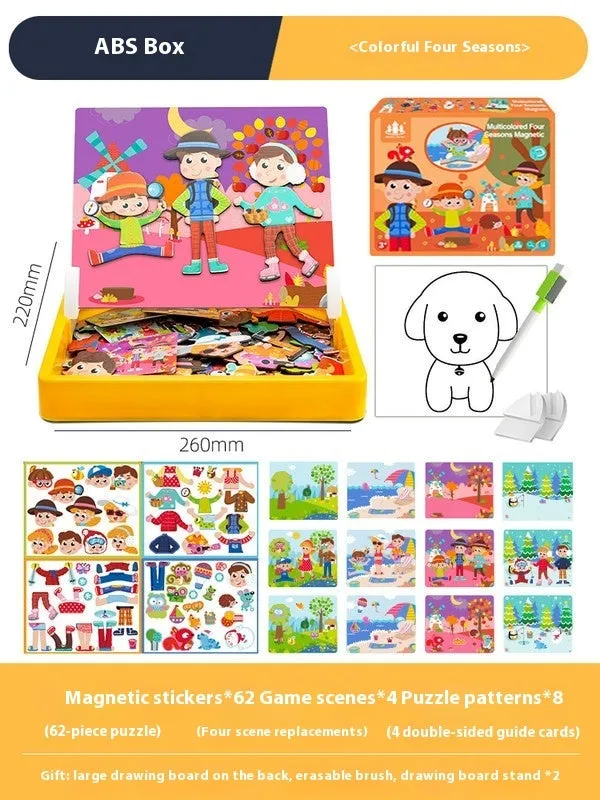 Children's wooden magnetic puzzle board with themed sticker toys in colour box, 27x20x4.3cm