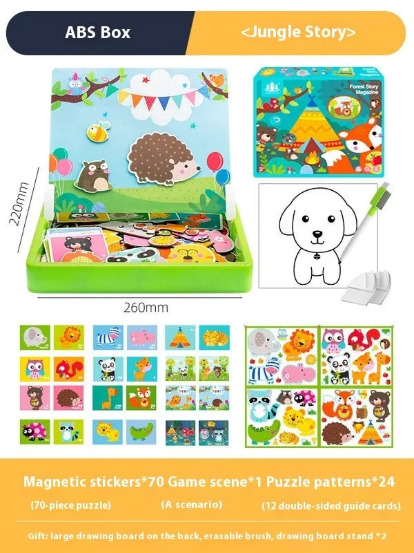 Children's wooden magnetic puzzle board with themed sticker toys in colour box, 27x20x4.3cm