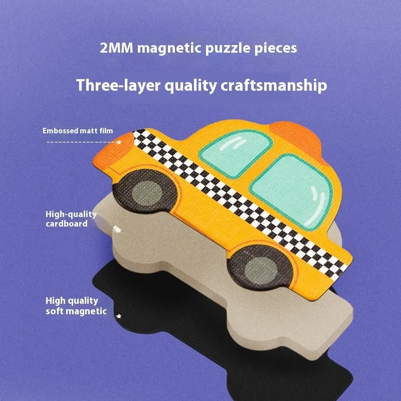 Children's wooden magnetic puzzle board with themed sticker toys in colour box, 27x20x4.3cm