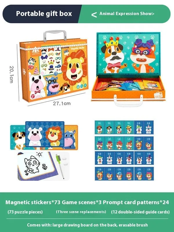 Children's wooden magnetic puzzle board with themed sticker toys in colour box, 27x20x4.3cm