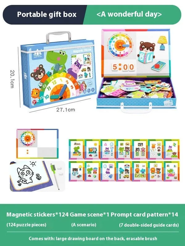 Children's wooden magnetic puzzle board with themed sticker toys in colour box, 27x20x4.3cm