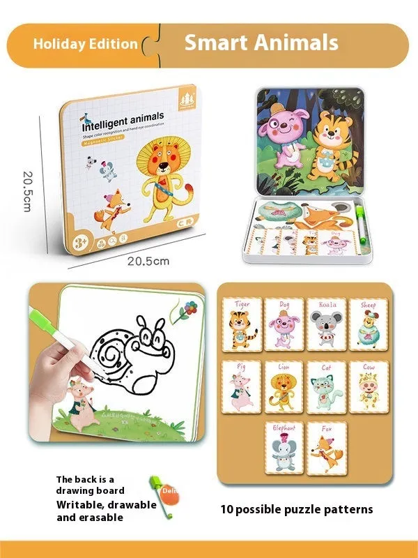 Children's wooden magnetic puzzle board with themed sticker toys in colour box, 27x20x4.3cm