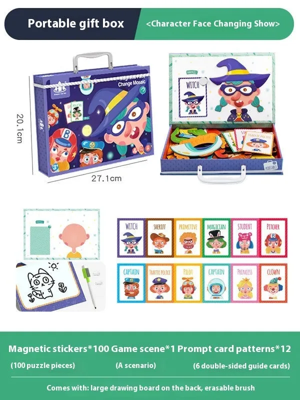 Children's wooden magnetic puzzle board with themed sticker toys in colour box, 27x20x4.3cm