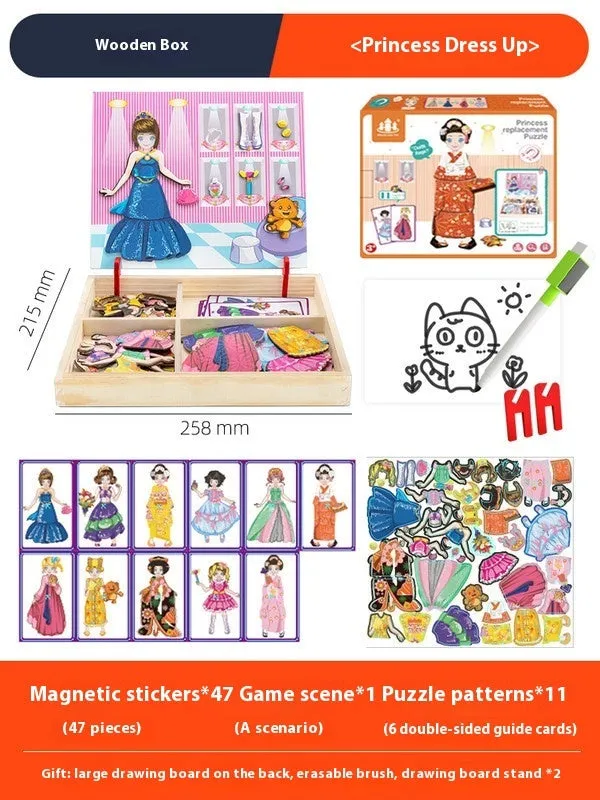 Children's wooden magnetic puzzle board with themed sticker toys in colour box, 27x20x4.3cm