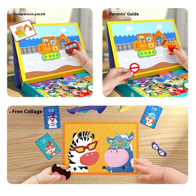 Children's wooden magnetic puzzle board with themed sticker toys in colour box, 27x20x4.3cm