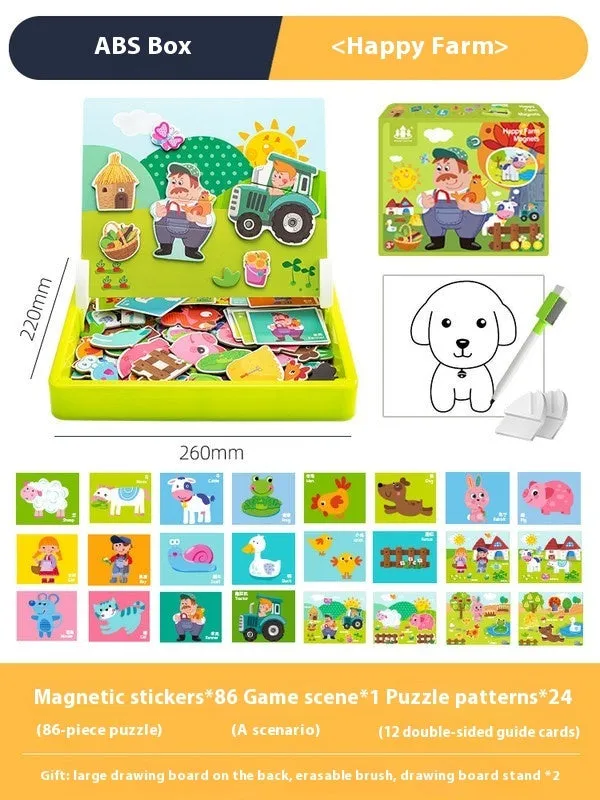 Children's wooden magnetic puzzle board with themed sticker toys in colour box, 27x20x4.3cm