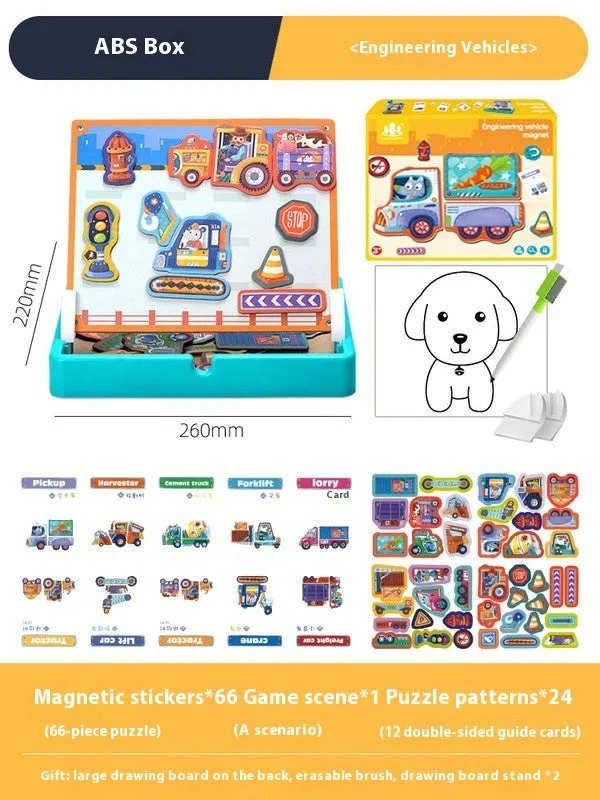 Children's wooden magnetic puzzle board with themed sticker toys in colour box, 27x20x4.3cm