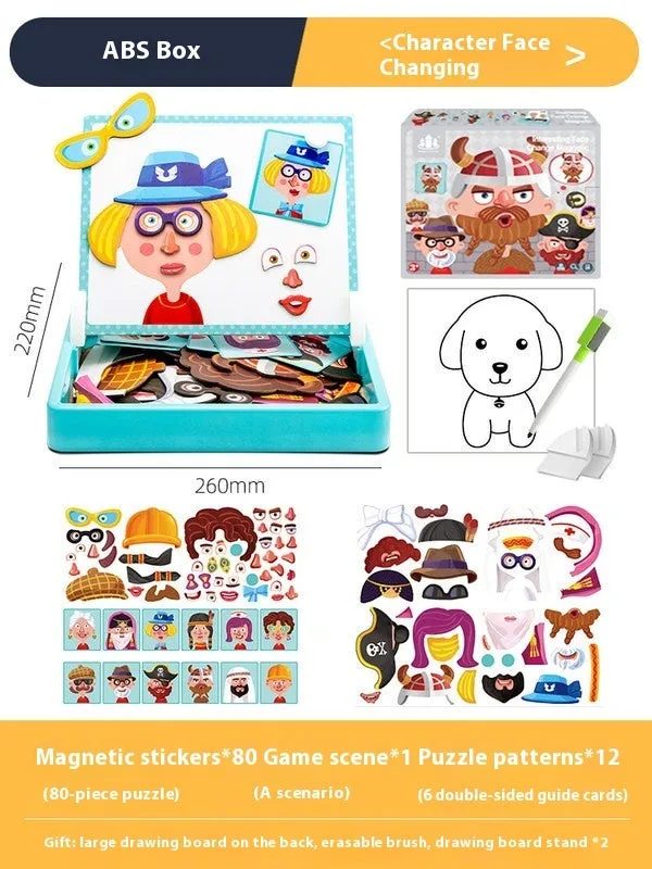 Children's wooden magnetic puzzle board with themed sticker toys in colour box, 27x20x4.3cm