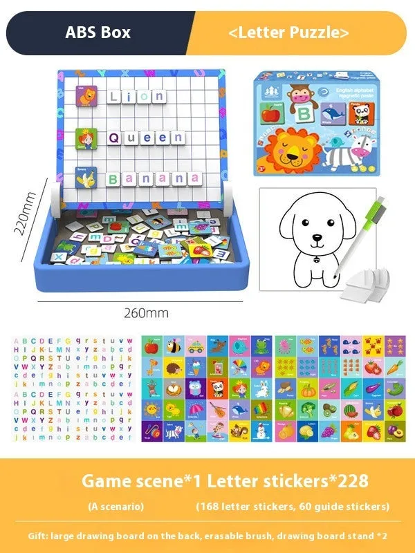 Children's wooden magnetic puzzle board with themed sticker toys in colour box, 27x20x4.3cm