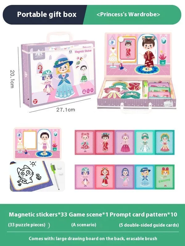 Children's wooden magnetic puzzle board with themed sticker toys in colour box, 27x20x4.3cm