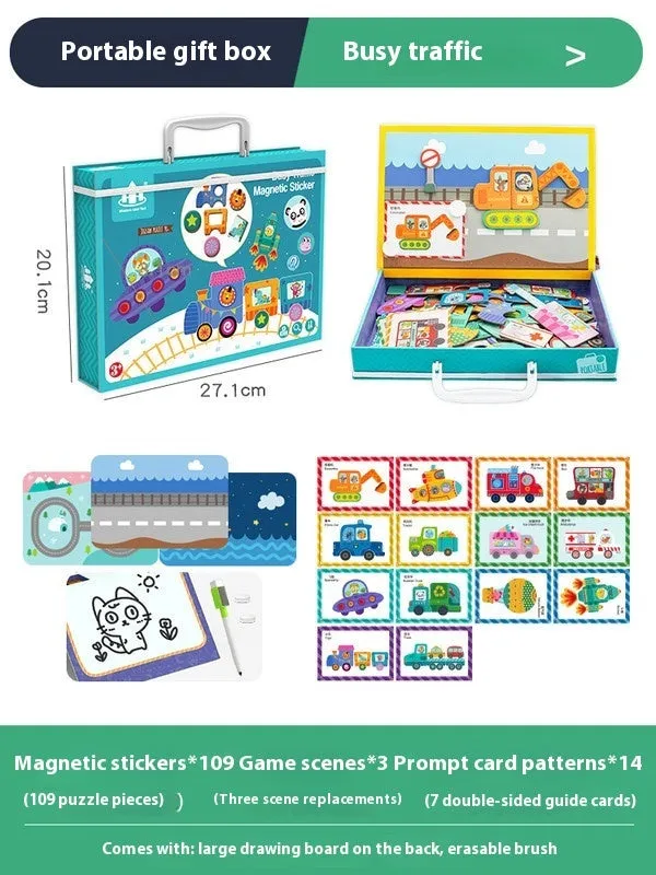 Children's wooden magnetic puzzle board with themed sticker toys in colour box, 27x20x4.3cm