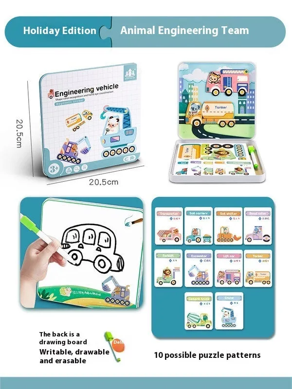 Children's wooden magnetic puzzle board with themed sticker toys in colour box, 27x20x4.3cm