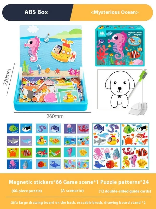 Children's wooden magnetic puzzle board with themed sticker toys in colour box, 27x20x4.3cm