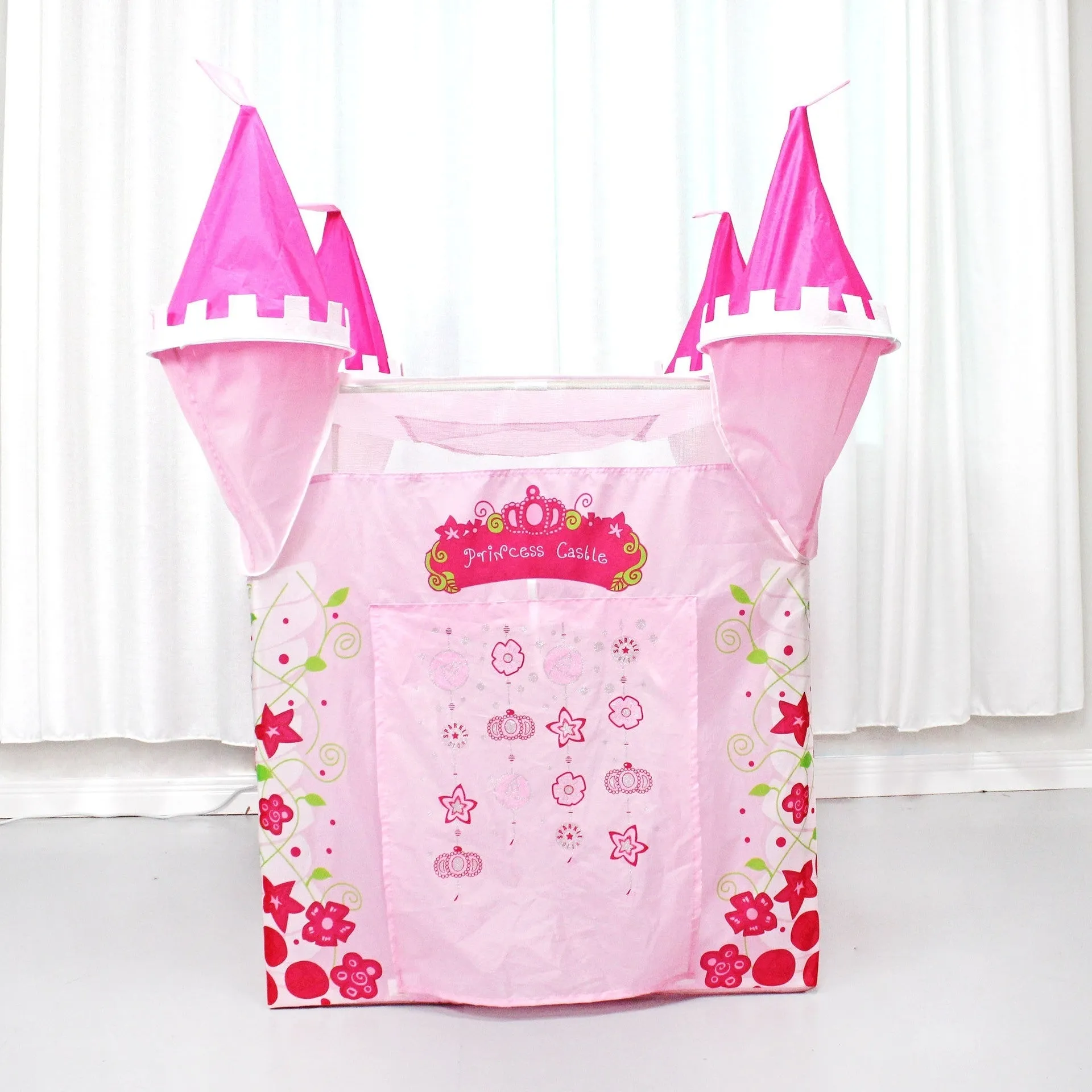 Children's princess castle tent in castle tent colour, made from polyester taffeta, folded for storage