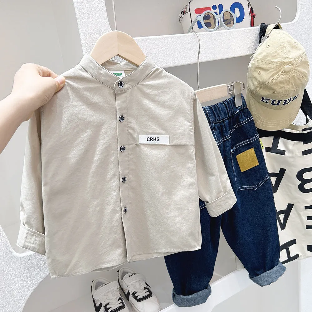Boys casual solid colour long-sleeved cotton shirt in green, side view
