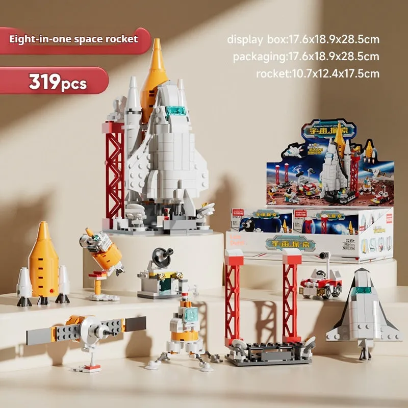 Colour box packaging of space rocket building blocks featuring space station, starship, Apollo 5, Falcon Heavy rocket, and dragon flying ship sets