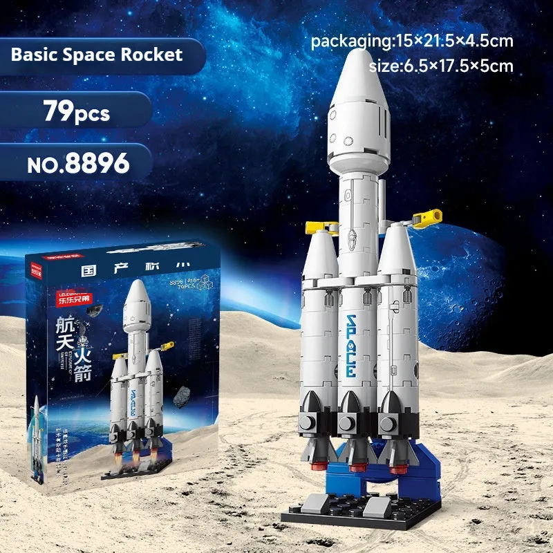 Colour box packaging of space rocket building blocks featuring space station, starship, Apollo 5, Falcon Heavy rocket, and dragon flying ship sets