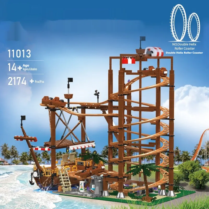 Park roller coaster assembled model building blocks toy made of small particle plastic blocks in a colourful display