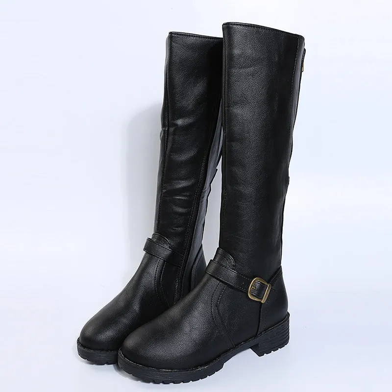 Women's black knight style ankle boots with a buckle detail on the upper and a square heel.