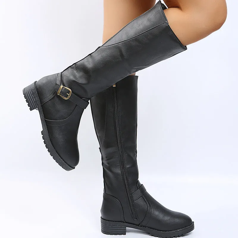 Women's black knight style ankle boots with a buckle detail on the upper and a square heel.