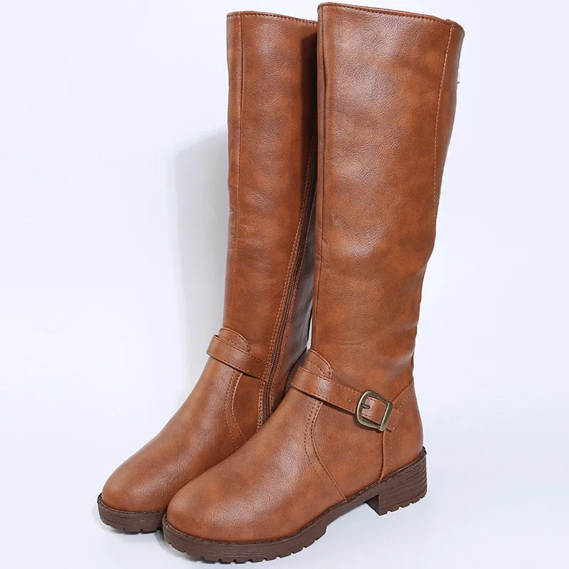 Women's black knight style ankle boots with a buckle detail on the upper and a square heel.
