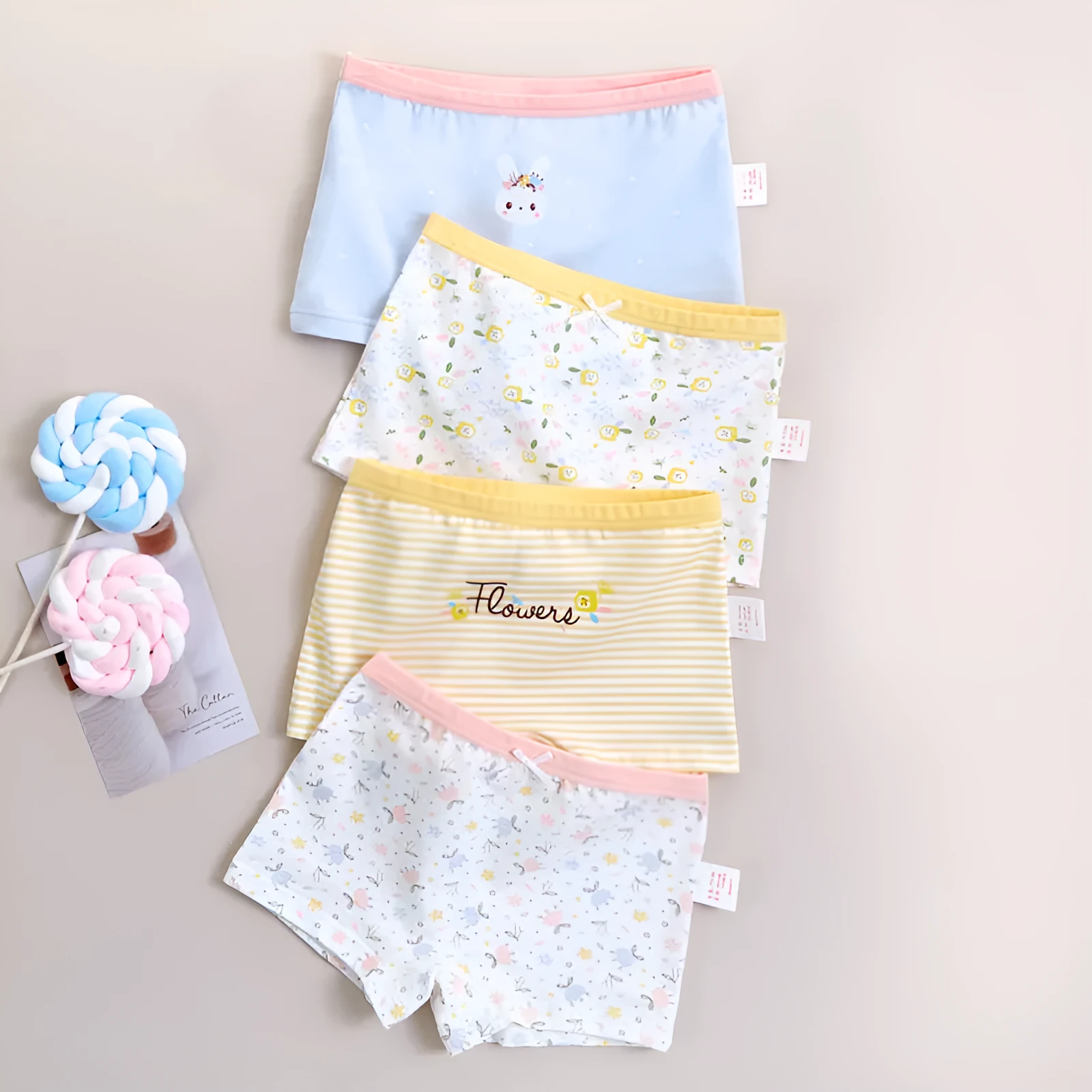 Girls' pure cotton underwear shorts set in 4 pairs, available for heights 110-170cm, cotton fabric