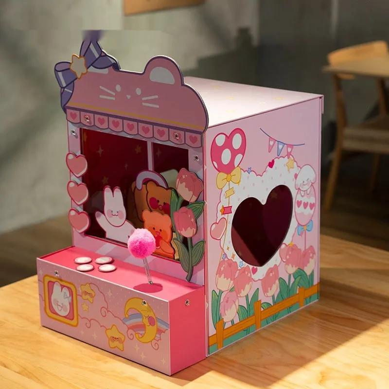 Three-in-one tulip clip cat nest crane machine in pink, Japanese style, 35x34.5x53.5cm, made from gray board and corrugated paper