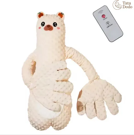 Infant exhaust pillow with remote controlled soothing hand in yellow giraffe design for baby sleep comfort