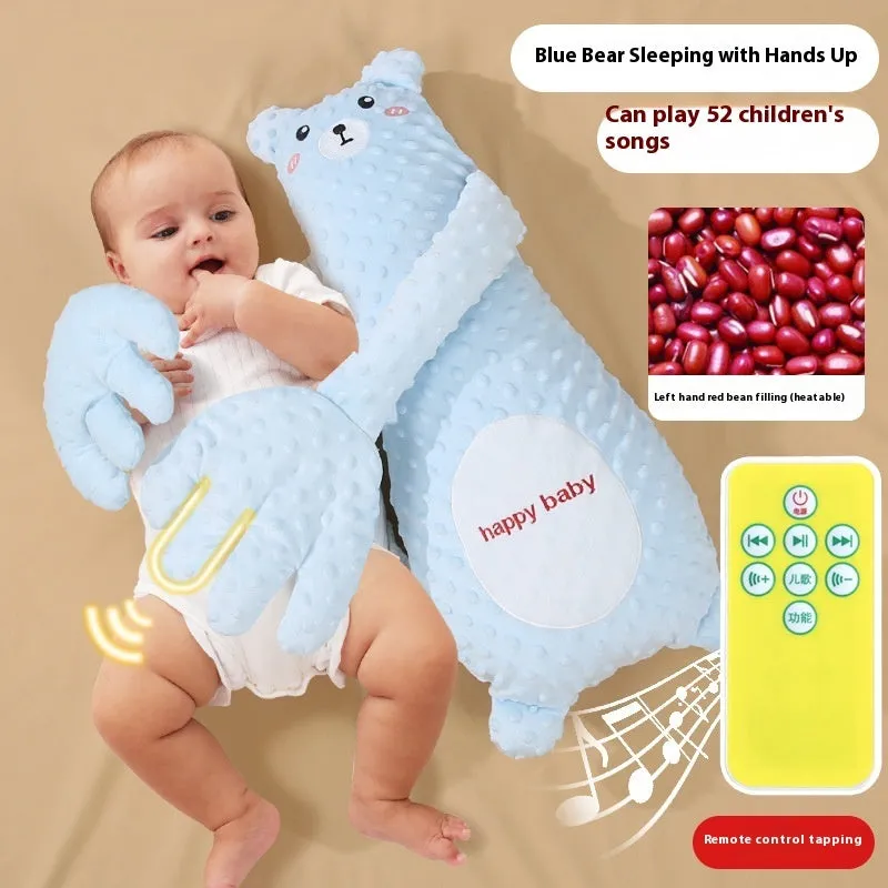 Infant exhaust pillow with remote controlled soothing hand in yellow giraffe design for baby sleep comfort