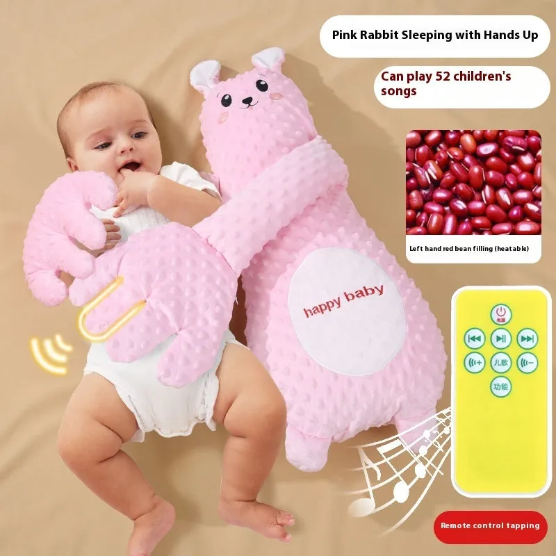 Infant exhaust pillow with remote controlled soothing hand in yellow giraffe design for baby sleep comfort