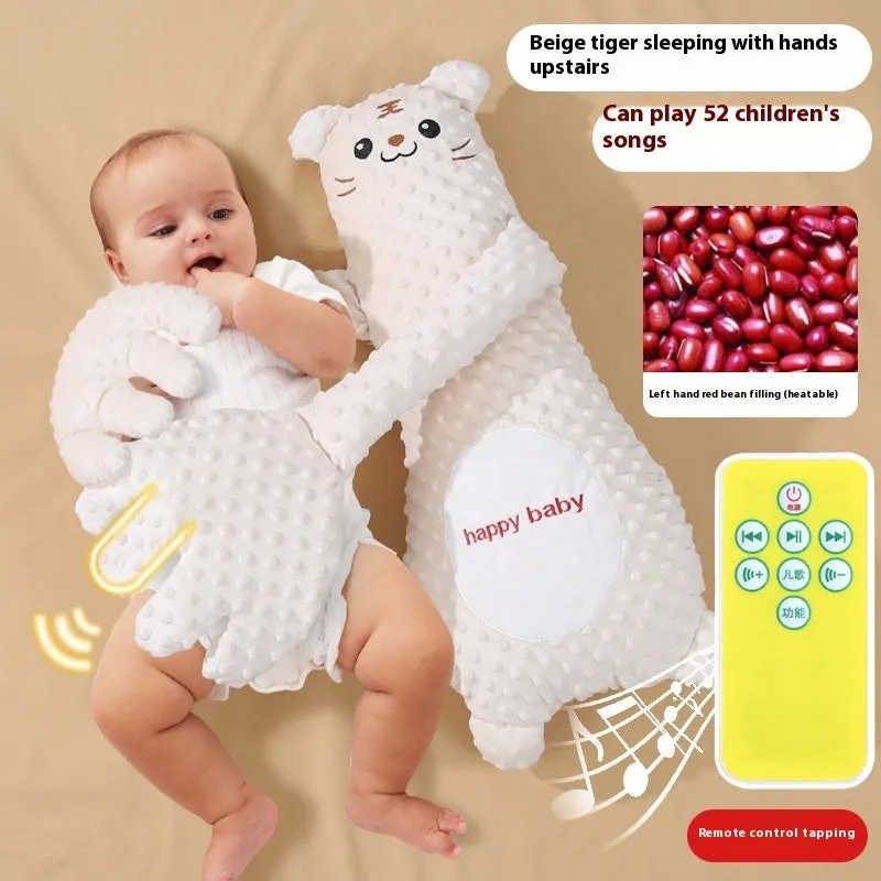 Infant exhaust pillow with remote controlled soothing hand in yellow giraffe design for baby sleep comfort