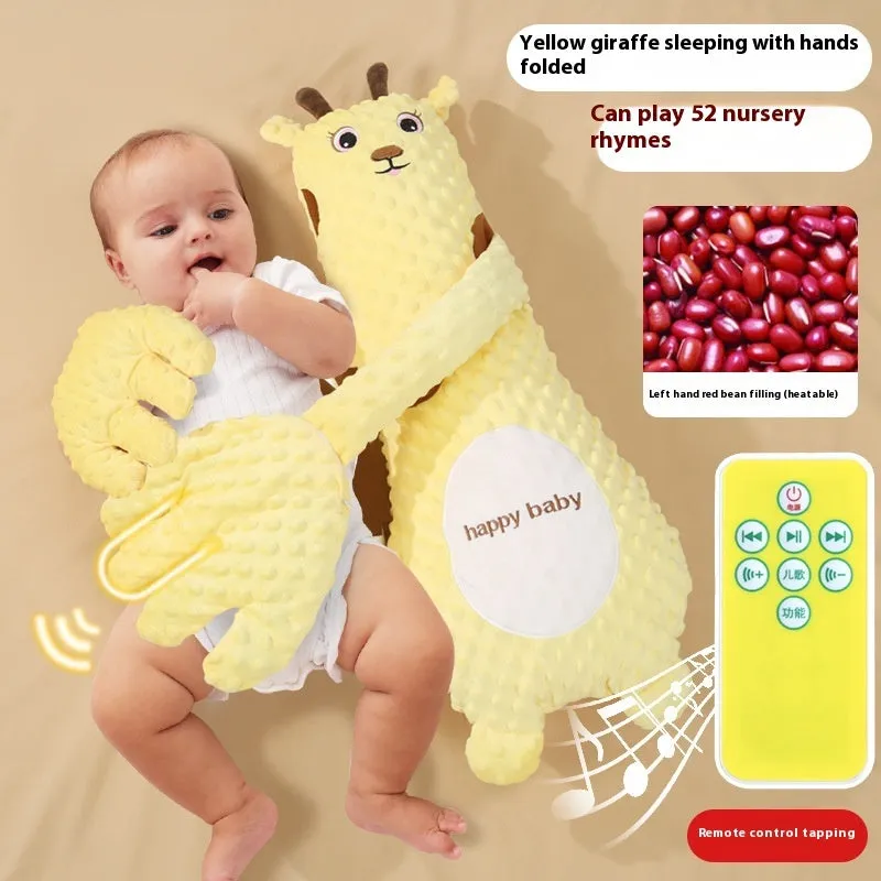 Infant exhaust pillow with remote controlled soothing hand in yellow giraffe design for baby sleep comfort