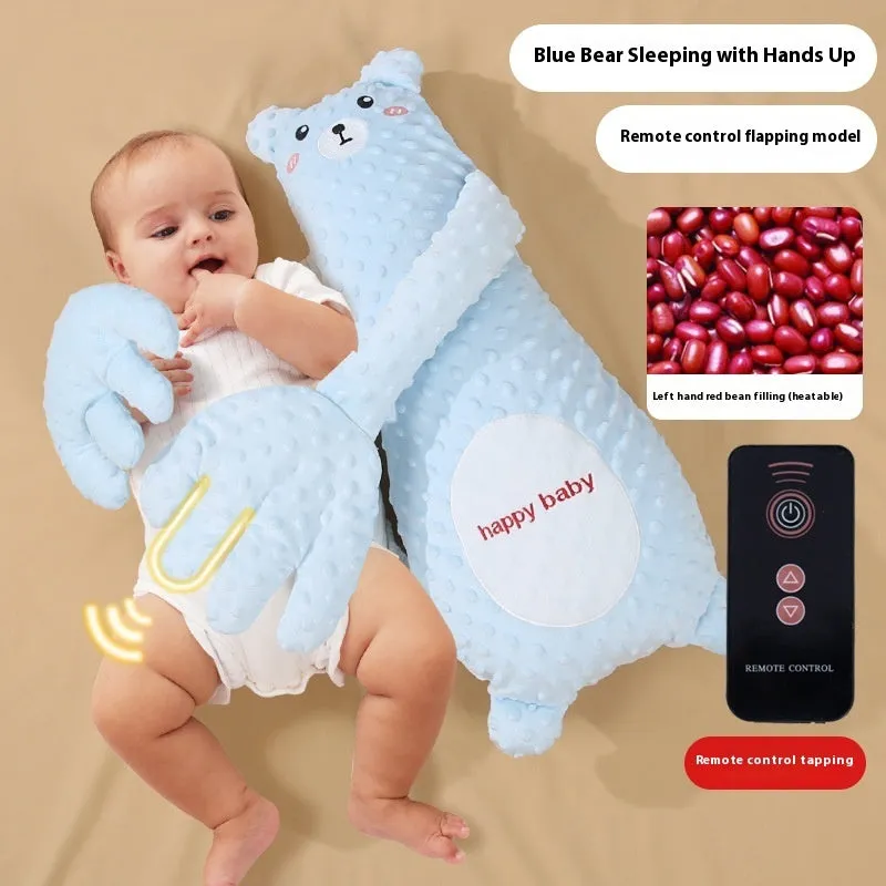Infant exhaust pillow with remote controlled soothing hand in yellow giraffe design for baby sleep comfort