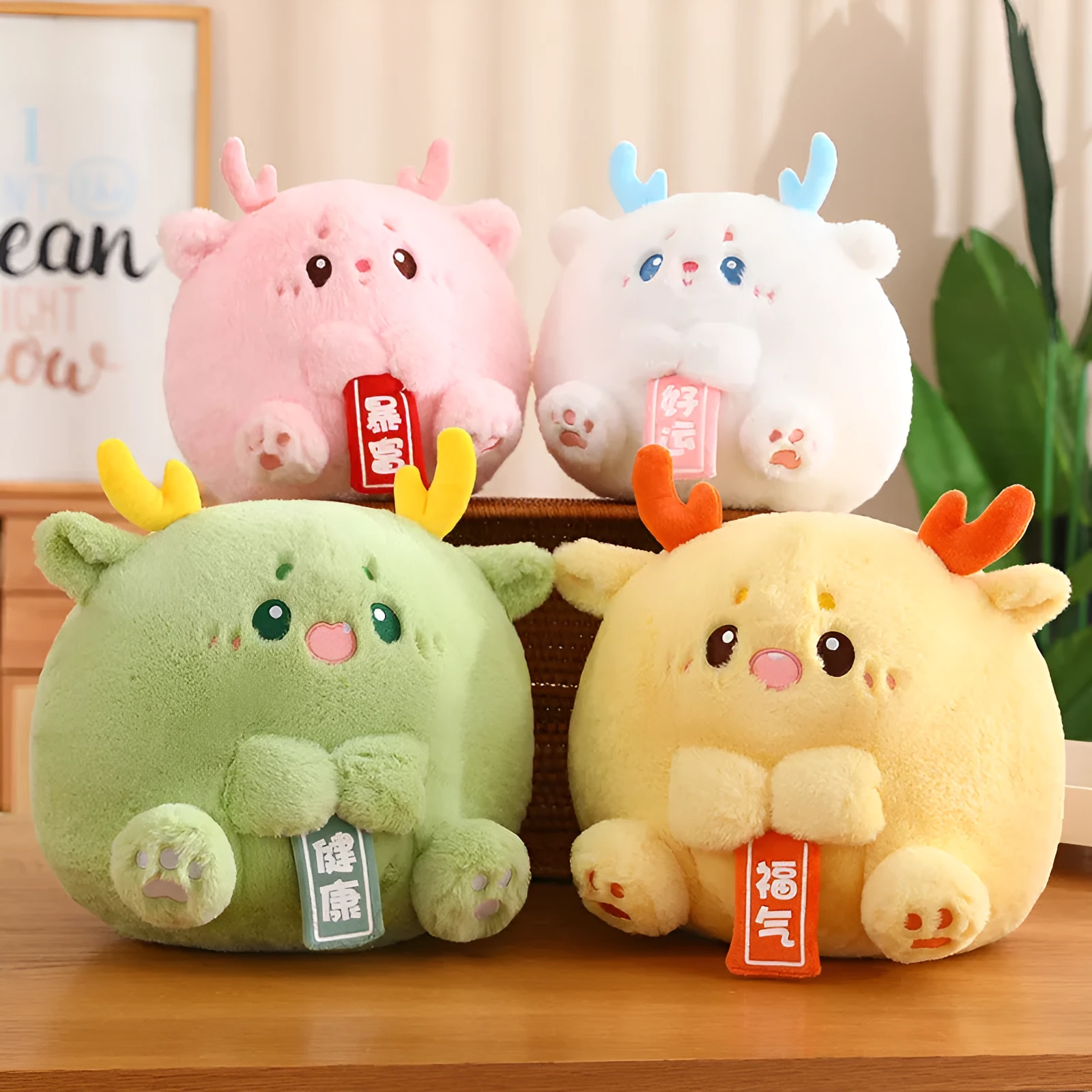Cute dragon group plush doll toy in green with PP cotton filling, 28cm height, short plush fabric, white background