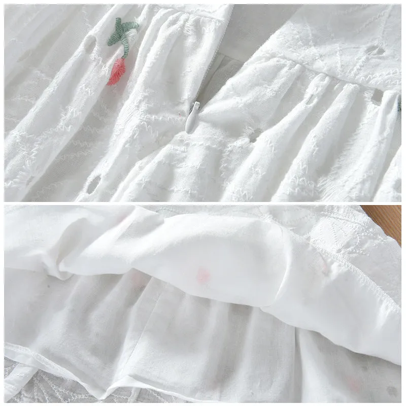 Girls' summer floral hollow sleeveless vest dress with white small flower print and full skirt, cotton-lined, available in 90-140cm heights