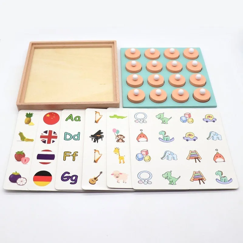 Children's wooden pattern memory chess board with colourful pieces for cognitive training
