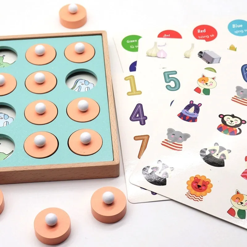 Children's wooden pattern memory chess board with colourful pieces for cognitive training