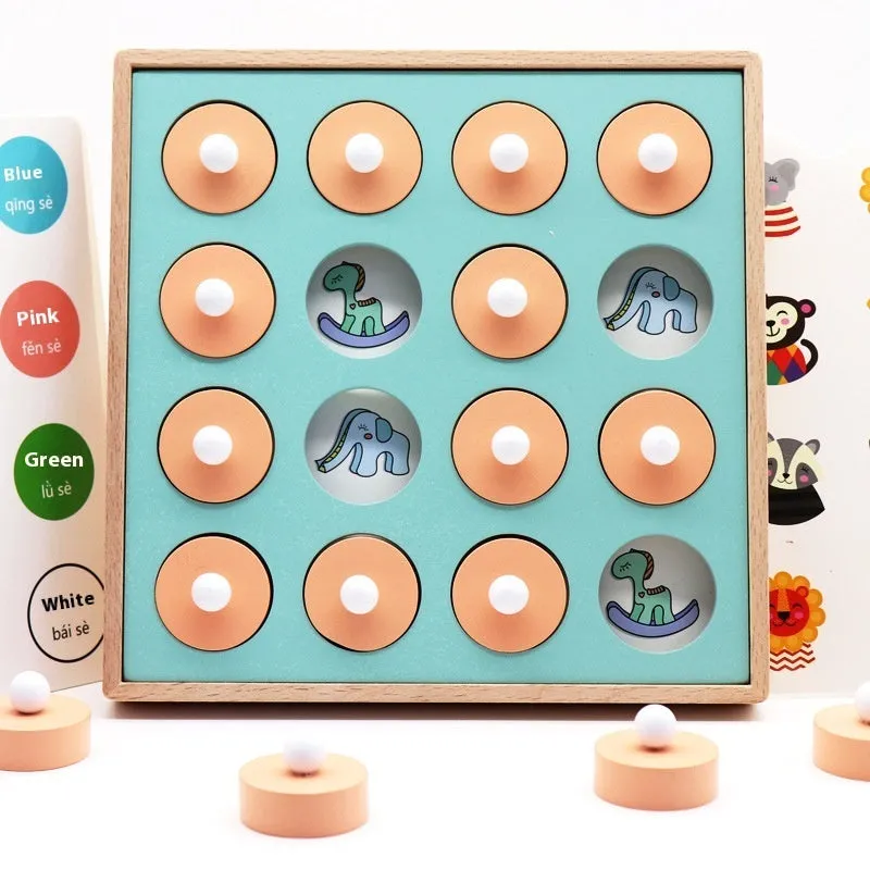 Children's wooden pattern memory chess board with colourful pieces for cognitive training