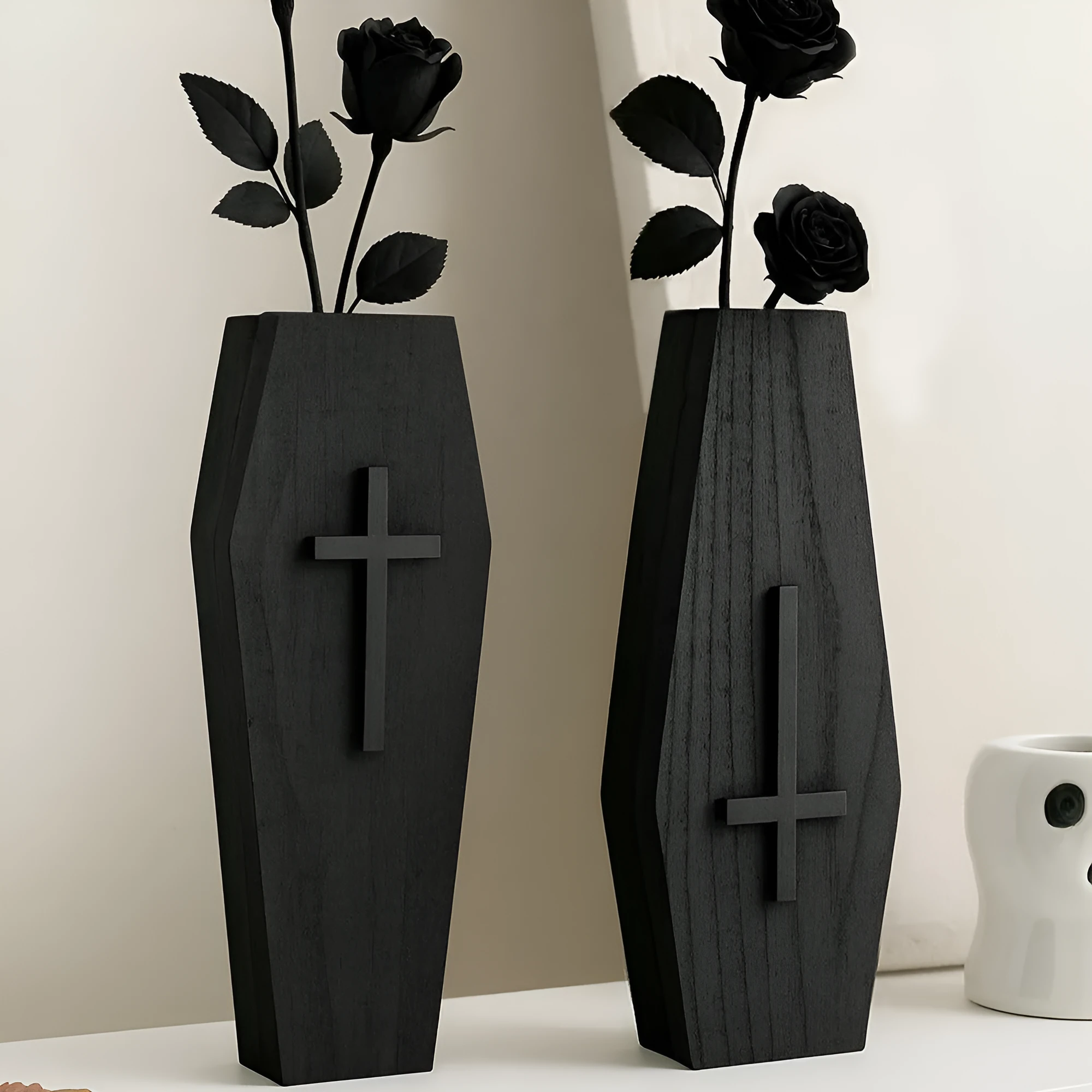 Black wooden cross wall vase shelf with open top for stems, 27cm tall, wall-mounted pendant design
