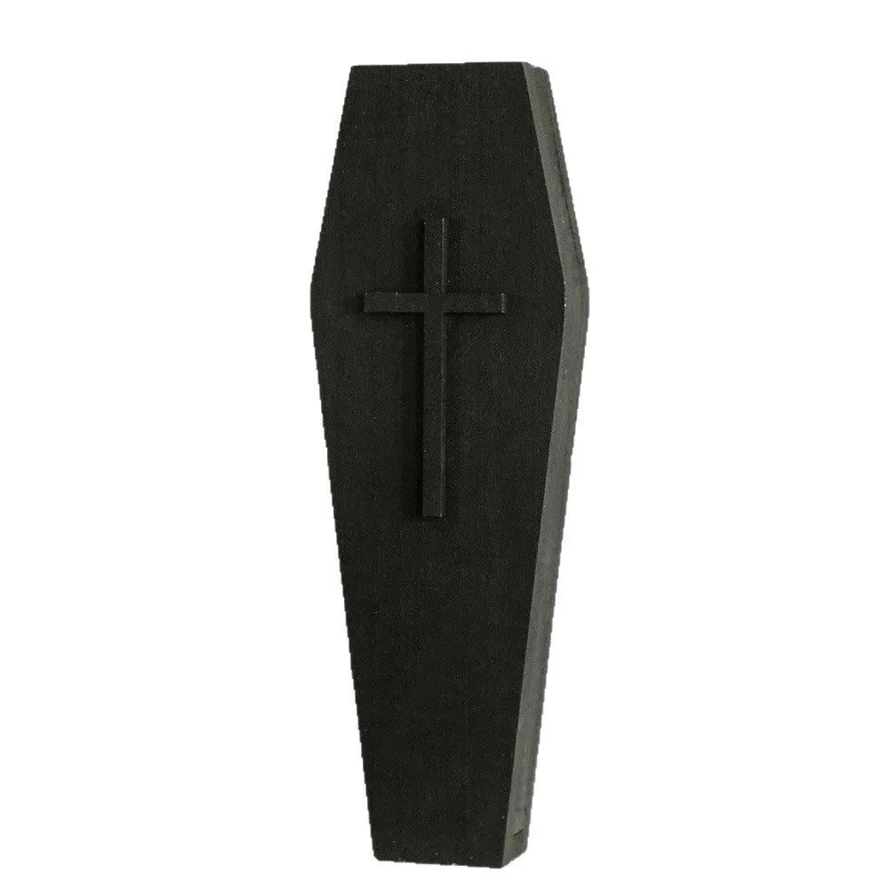 Black wooden cross wall vase shelf with open top for stems, 27cm tall, wall-mounted pendant design